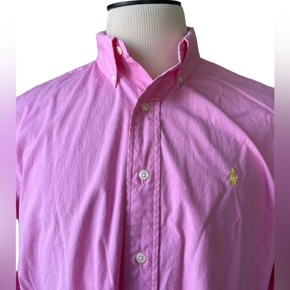 RALPH‎ LAUREN Pink Classic Fit Polo Button Down Shirt Yellow Pony Preppy LARGE - Picture 4 of 9